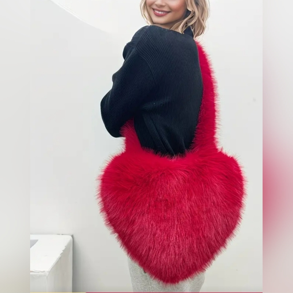 Red Heart-Shaped Faux Fur Bag
